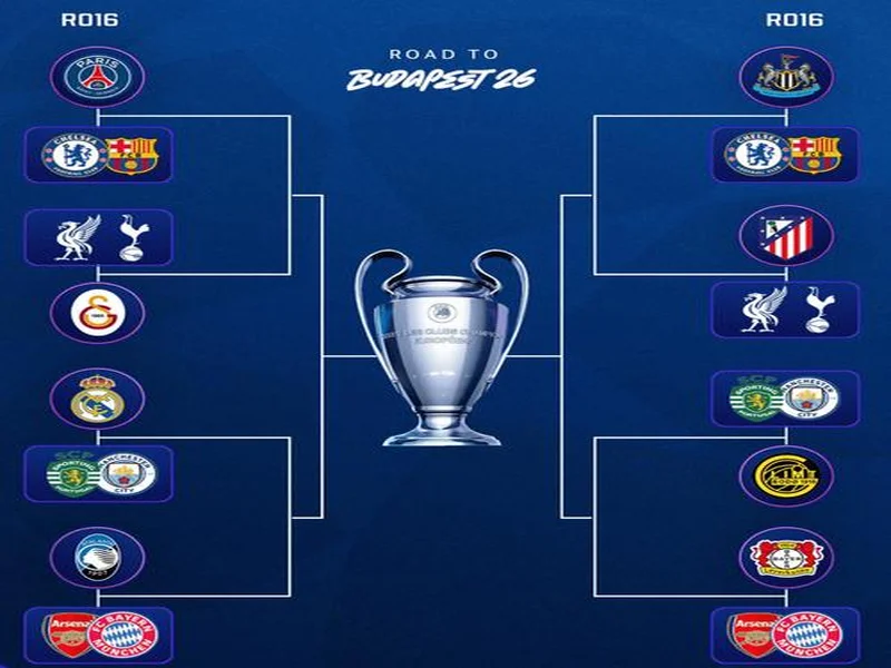 欧冠淘汰赛16强对阵：曼城vs皇马，切尔西vs巴黎，纽卡vs巴萨